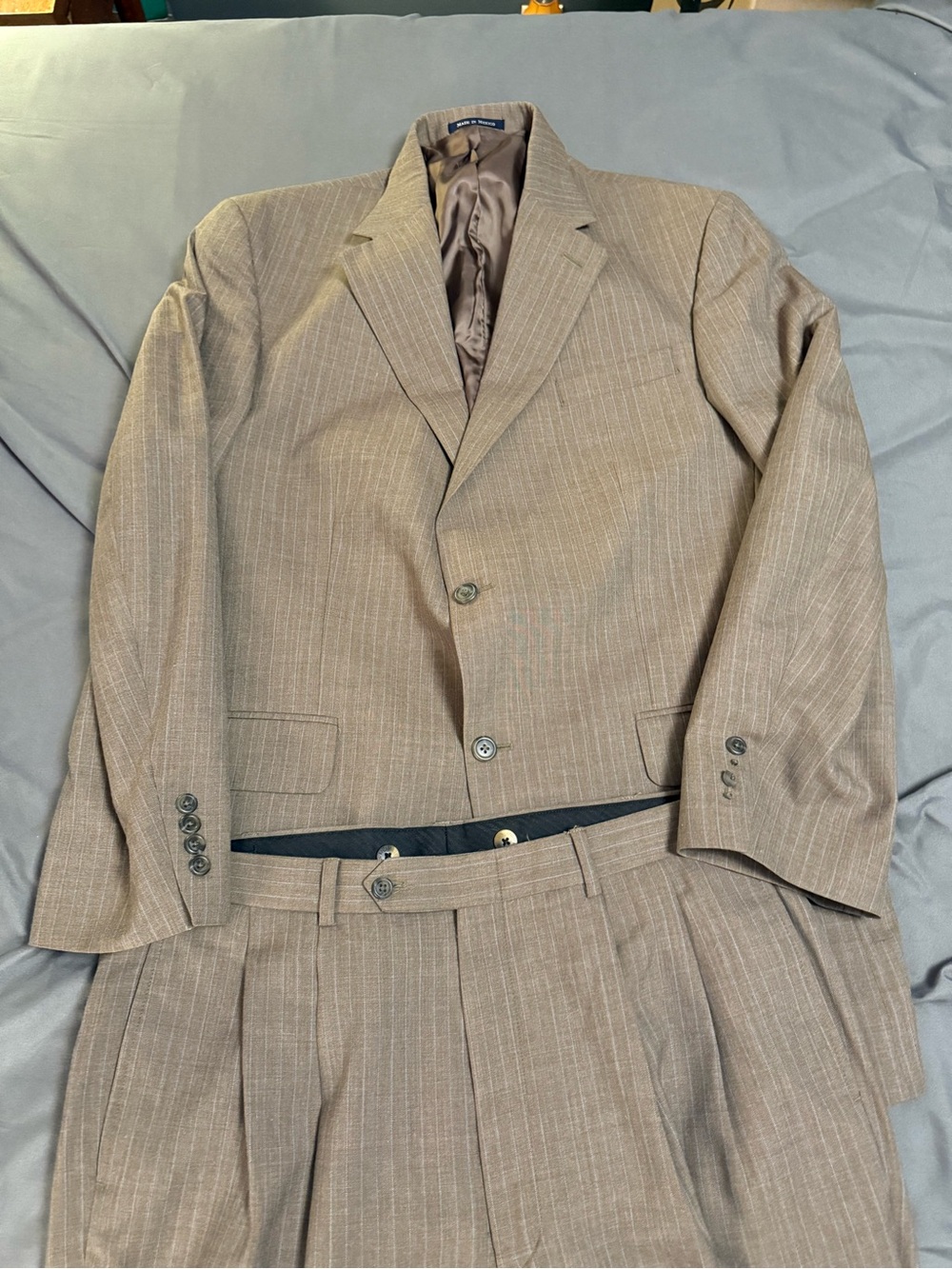 Vintage Lands End Pinstripe Wool Suit 44R 37x312.5 Tan Brown TLC Distressed 2PC
